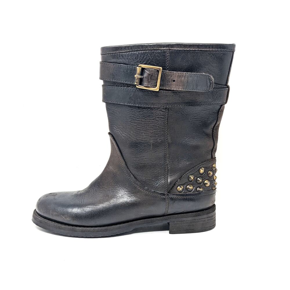 Boemos Womens 9 Leather Studded Moto Mid Calf Strappy Buckle Pull On Boots 39